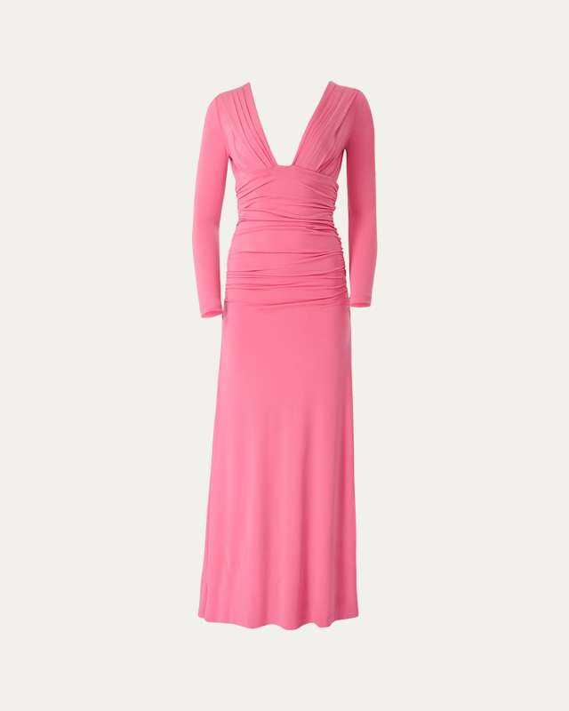 Plunging Ruched Long-Sleeve Maxi Dress
